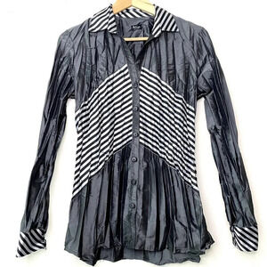 Beluva San Francisco Pleated Button Down Shirt Blouse Black White Striped XS